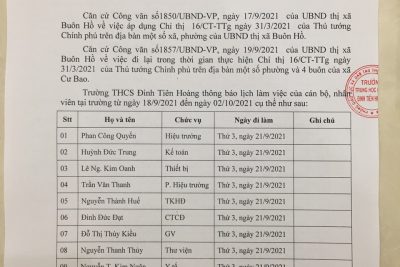 LỊCH LÀM VIỆC TỪ 27/9 ĐẾN 02/10/2021